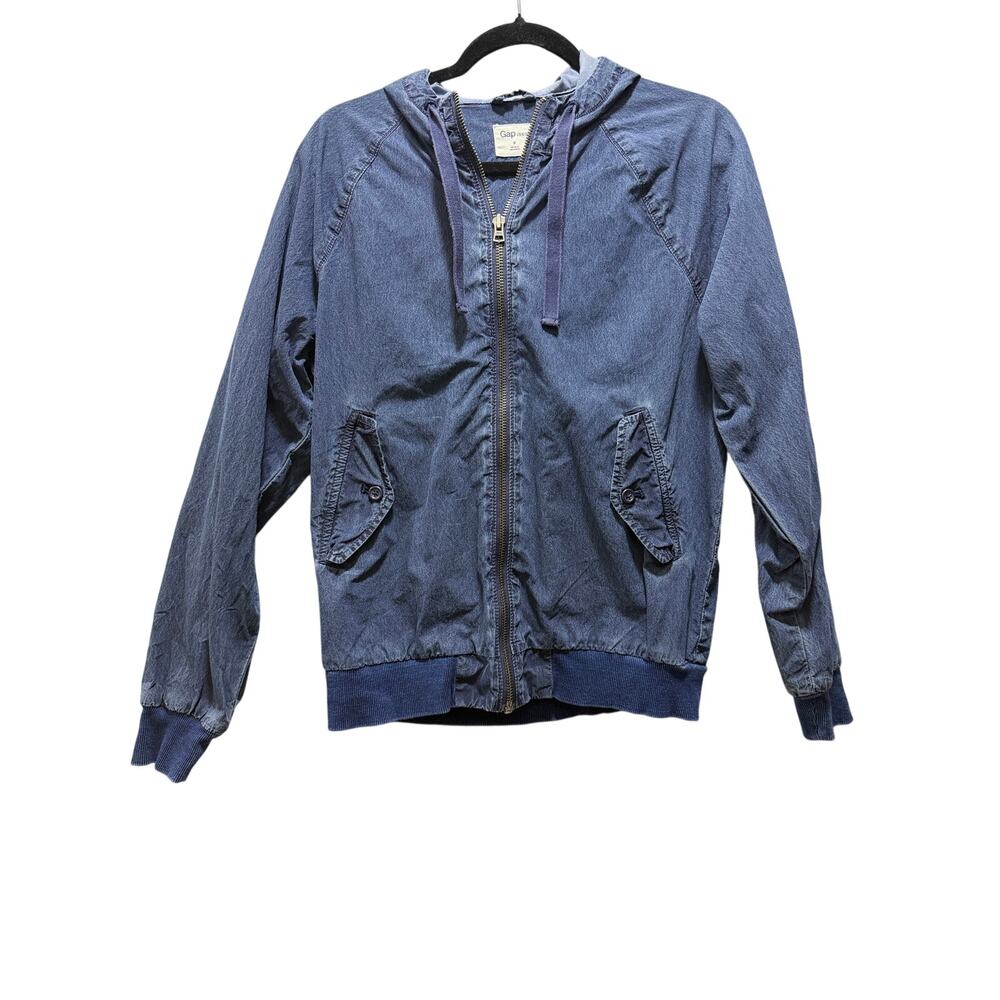 Gap1969 Blue Denim Hooded Zip Jacket Womens SM Ribbed Trim Casual Vintage Style